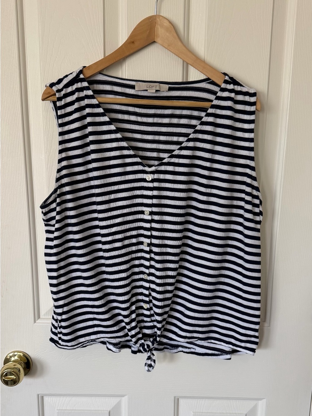 LOFT Navy & White Striped V-Neck Button Tank with Front Tie